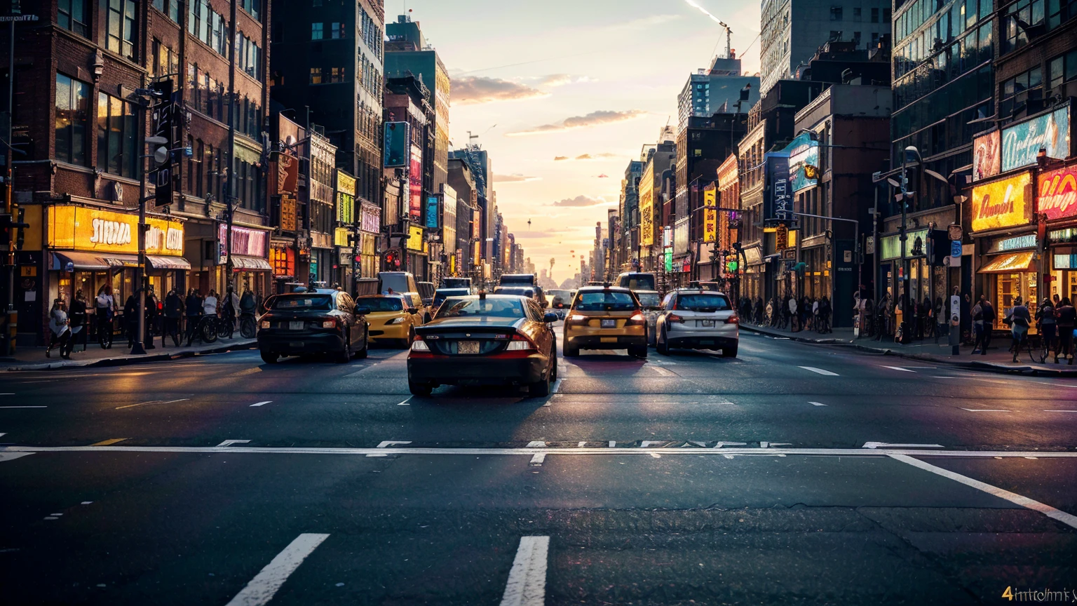 a crowded city street in New York City, asphalt road, heavy traffic, skyscrapers,, pedestrians crossing the road, neon signs, billboards, street lamps, (best quality,4k,8k,highres,masterpiece:1.2),ultra-detailed,(realistic,photorealistic,photo-realistic:1.37),cinematic lighting, dynamic composition, vibrant colors, urban environment