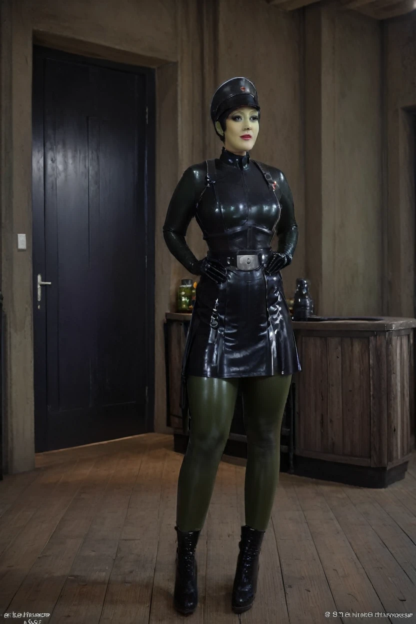 black latex , cinematic film still hera syndulla, (green skin:1.2), grin at canal, full body shot, highly detailed environment .  imperail officer wearing a black uniform with a skirt, standing in a dark interior, highly detailed, high budget Hollywood movie by baz luhrmann, bokeh, cinemascope, moody, epic, gorgeous, film grain, grainy
