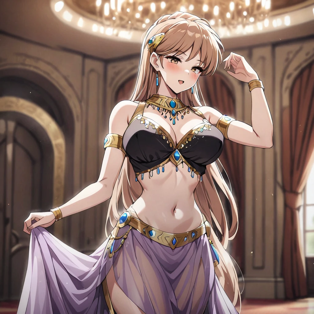 ((Highest quality)), ((masterpiece)), (detailed), (Perfect Face)、The woman is Princess Leona, with long light brown hair and wearing a lavishly decorated see-through belly dance costume in purple and black.、In the ballroom of a luxurious palace, a woman dances joyfully and seductively.