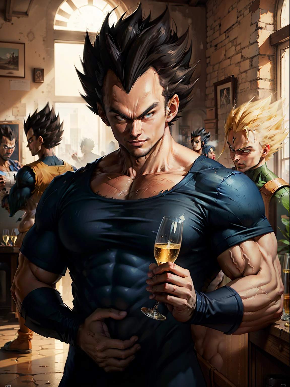 pintura "homem personagen Vegeta super sayajin dbz cheio de musculos forte grande olhar bravo e sorriso debochado" Perfect face and eyes like the ones in manga anime without mistakes holding a glass of champagne, It's not Guillem H's style. Pongiluppi, Alex Ross, , Enchanting hyper-detail realistic character illustrations, Carrie Graber, quadrinhos, arte, anime, manga, Full HD