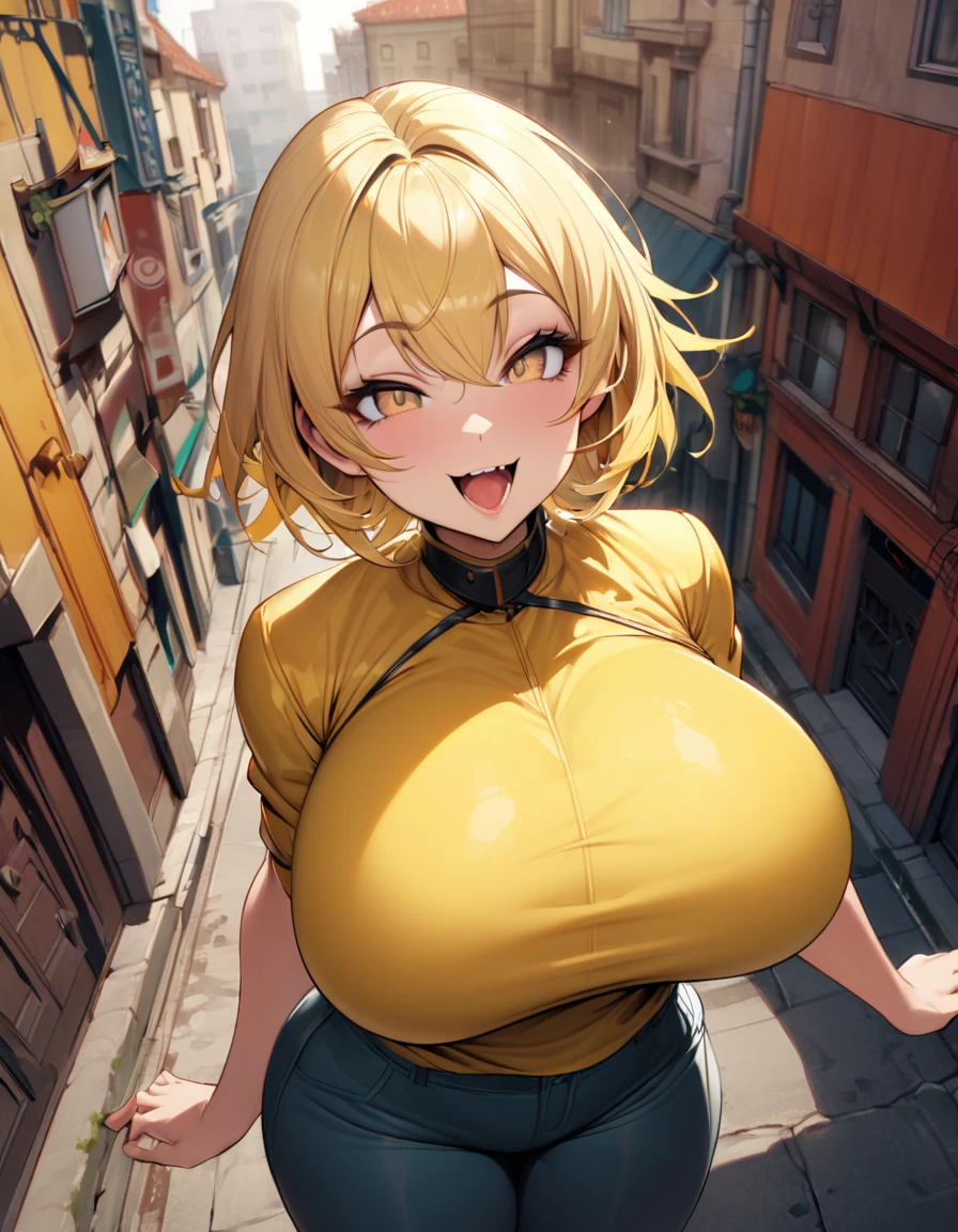 Yellow hair color,short hair,yellow shirt,pants,light brown eyes,chubbily ,huge breasts,whipped thighs,cat mouth,smile,Open mouth,open eye,double tooth,saucy,Taken from the viewpoint above, looking at viewer,upturned eyes,street Background,SFW,perfect,high quality,faultless,