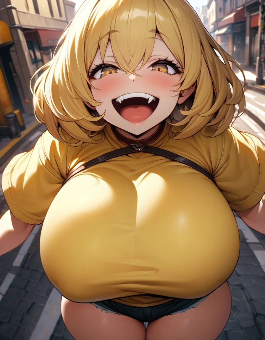 Yellow hair color,short hair,yellow shirt,pants,light brown eyes,chubbily ,huge breasts,whipped thighs,cat mouth,smile,Open mouth,open eye,double tooth,saucy,Taken from the viewpoint above, looking at viewer,upturned eyes,street Background,SFW,perfect,high quality,faultless,