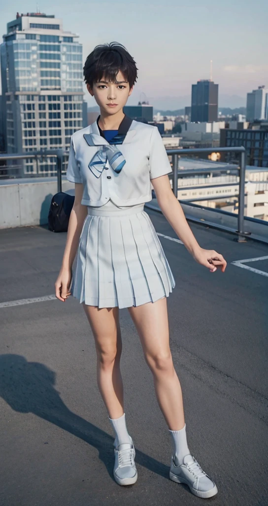 1 **********，Shota，No makeup，short hair，Cover your skirt with your hands，Male characteristics，Unique的，face to face audience，full-body shot，Tokiwadai JK，grey miniskirt，White pantyhose，Sailor Suit，Unique ，roof，City background，Rooftop，8k，Princess shoes，Male physiognomy