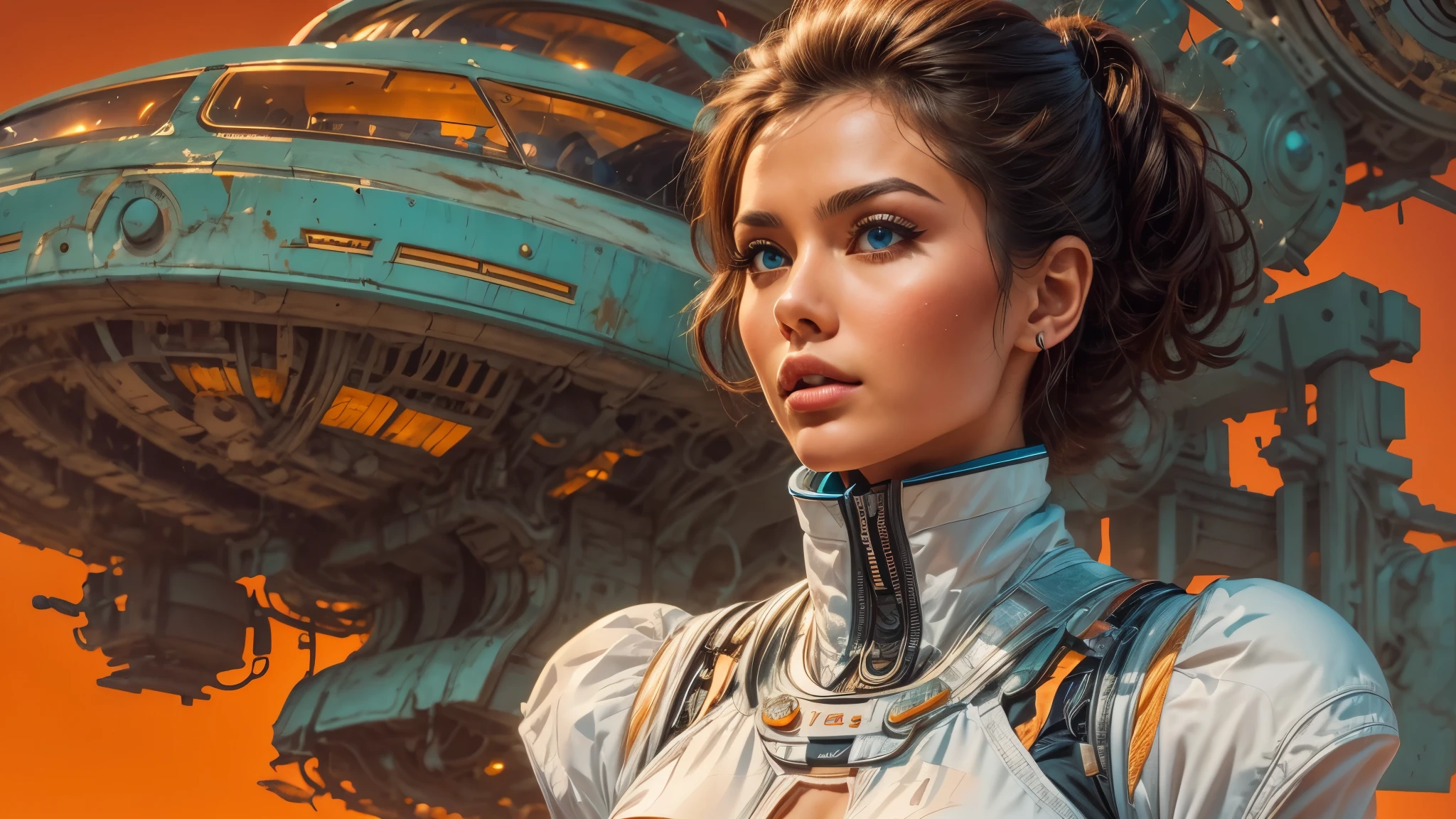 arafed image of a white woman in a futuristic suit with a spaceship in the background, movie art, in front of an orange background, inspired by Robert McGinnis, female protagonist, megastructure in the background, portrait of an ai astronaut, astronauts, an astronaut, portrait of a astronaut skeletor, perfect android girl, detailed eyes, perfectly detailed teeth, frank franzzeta and sakimichan