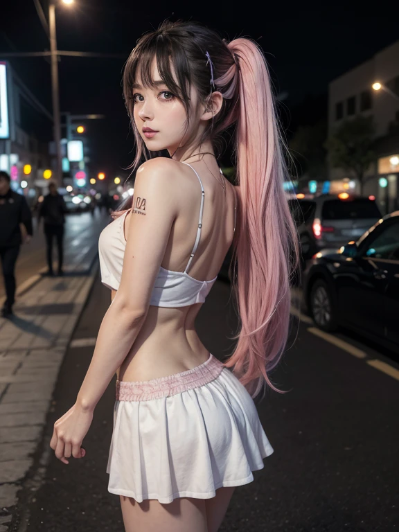 Chica anime,tennage girl 18 years old, anime style, cute hatsune miku x suicune, shy girl , Orejas de Kitsune, arte de dark natasha, city landscape, arte de vixen aztra, cuerpo completo, patas hermosas, cintura delgada, caderas amplias, navel white blouse, white&pink skirt, navel piercing, ear piercing, navel tattoo, atrevid pose, back pose, fluffly tail, sensual eyes (la mejor definicion) long hair, black flash, city party, city night life, party girl, super agent girl,deep blue eyes (HD), white&pink dress, super agent girl, aura pura, silueta de luz, silueta radiante de luz dorada, su cuerpo brilla, best lighting in photography, mermaid mini skirt, sinsing in street, secret agent, perfect dark, bond girl, 007 girl, drees cocktail, small breast