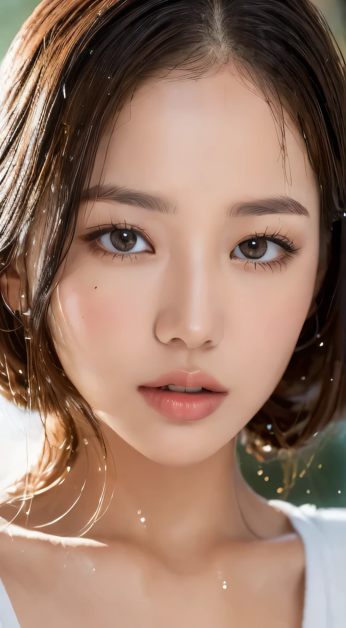 Beautiful and handsome woman, ((Highest quality, 8k, masterpiece:1.3)), Beautiful woman, 1 female, Huge breasts:1.3, Slim figure:1.1, Bouncy dark brown hair, (shower, Wet body, Wet clothes:1.1), Highly detailed face, Detailed lips, Fine grain, double eyelid