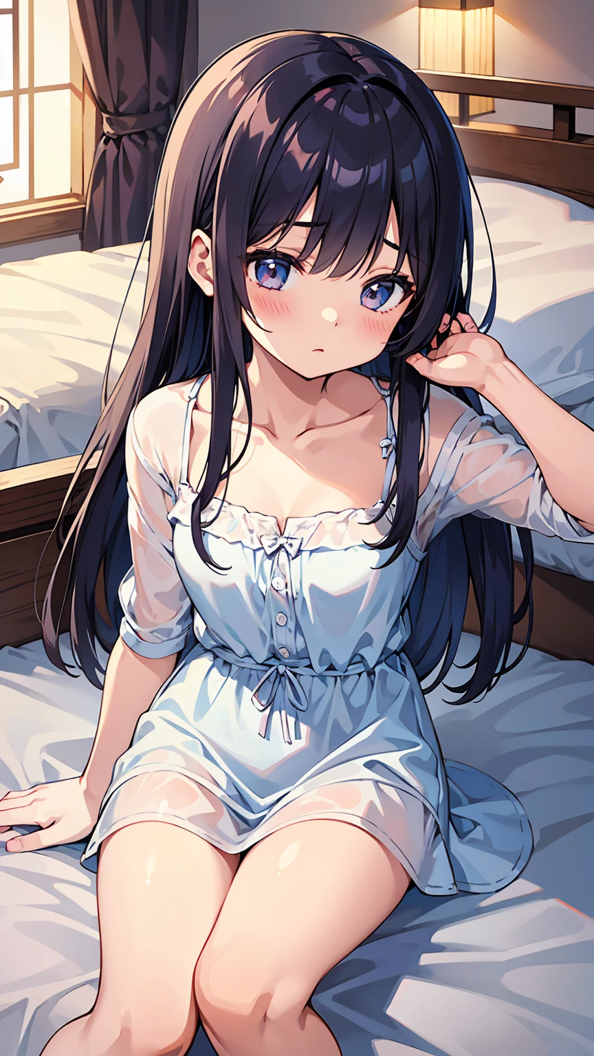 A cute girl in a nightgown talking on the phone from her cute room in anime quality