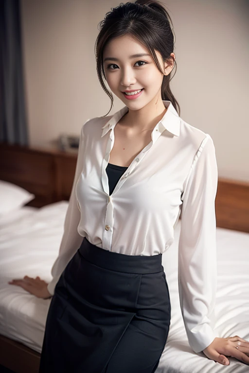 (8k, RAW photo, best quality, masterpiece, ultra detailed:1.2),(realistic, photo-realistic:1.4), upper body shot, (extremely cute Japanese idol,1.2), 20 years old, (detailed skin, detailed face: 1.2), sharp focus, SIGMA 85mm f/1.4., depth of field, blur background, bokeh, cinematic lighting, soft light, midnight, pale skin, brown eyes, naughty smile, seductive, looking at viewer, (see through formal shirt), (looking back:1.2), big ass, bed, big breasts