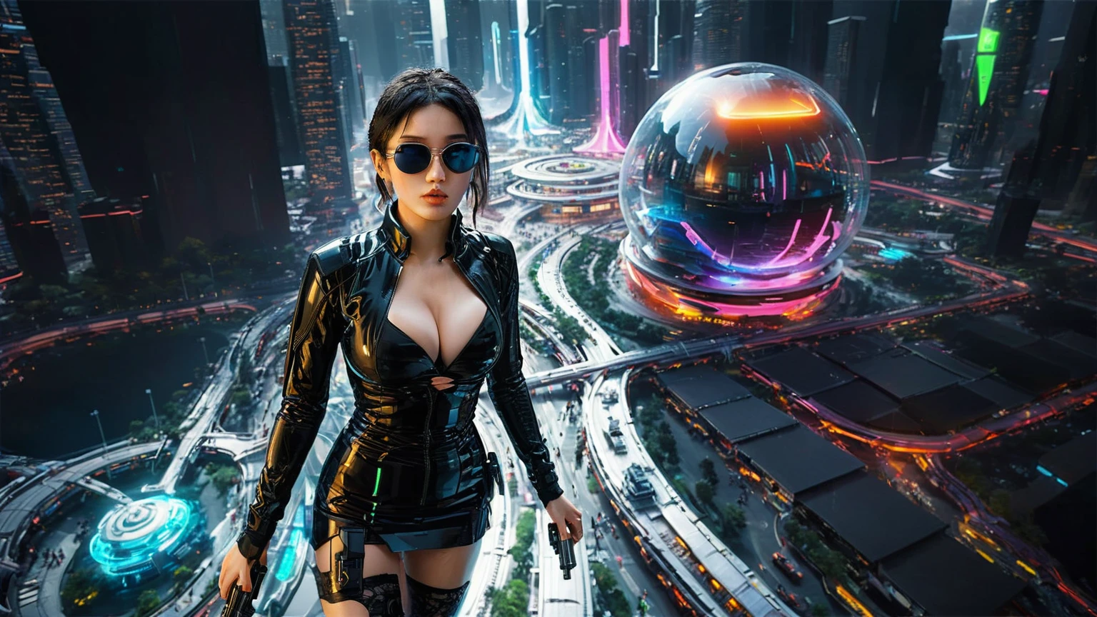 Brightly colored abstract aerial view image of a futuristic railway station with a spiral, a (((((futuristic all-glass train))))) passing by, epic beautiful space sci-fi, chaotic cinematic space rift, Greg Beeple, planets colliding, Beeple and Tim Hildebrandt, Beeple and Jean Giraud, end of the universe, (((((giant abstract sculpture))))), galaxy space sci-fi, ringworld, by Mike "Beeple" Winkelmann. Matrix style, (((((Matrix cascading code))))), (((((a futuristic twin tower skyscraper with a unique twisted design))))), (((((OLED GUI interfaces in the building))))), at night, (((((1girl, solo))))), photo realistic, (((large-breast:1.2 slim body, cleavage:1.4))), (((off broken mini sling-shirt and black sling bra, extreamly short pleated miniskirt exposing panty))), (((((running pose))))), (((((((matrix style black micro sunglasses))))))), ((((((((((aiming with a short gun)))))))))), (((((looking at camera))))), (((very low view))), (((((half-body thigh level medium shot))))), (((cinematic lighting))).