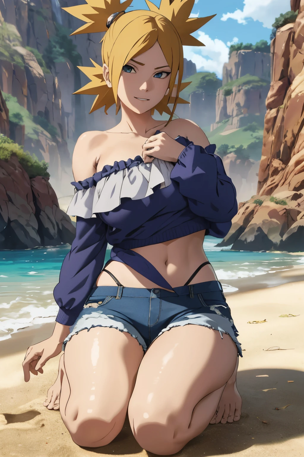 Masterpiece, absurderes , (Intricate details), (Colorful),cleavage，all yellow hoodie sweater，Cinematic lighting,Bust Up Shot,Extremely detailed Cg Unity 8K wallpaper,Temari\(Boruto\), 1girll, Mature female,blue low jeans shorts,  Sitting, Outdoors,Wind,  view the viewer,ssmile, huge breasts, , full frame, adult, large breasts, kneeling on sand, island background