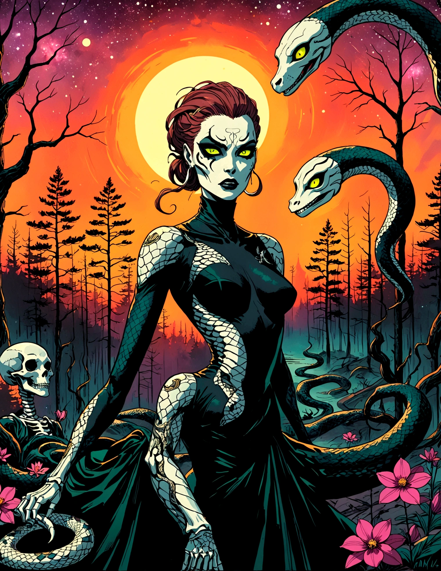 Medusa, wearing snake skin dress cosmic abyss velvet black dress, only light source dazzling glistening reflections of starlight and moonlight off elegant and eloquent dress, unfinished expressive rough-sketch splash page decompressed comic cover art, ink style figure, ((expressive Joelle Jones and "Sean Gordon Murphy" comic drawing)), wordless, cinematic poster, morphology anatomy drawn Frederic Delavier musculature anatomical illustration, (face, ornate blackmetal corpsepaint, resembles Grace Jones), abyss void black no visibility darkness, full length portrait, (background, pine barrens, entropy, rewilding, magic hour sunset, galaxy stars, cosmos), (colors, bleak muted deep fiery radiant glowing ROYGBIV, forest green, earth brown), candid, snake skin dress, (body, Naga, snakefolk, lower body snake tail, snake woman hybrid, bald, hairless, skeleton, snake skin tattoos, piercing eyes, snake pupils, over the shoulder), craftsmanship nuance, (Gerardo Zaffino charcoal), (horror, abstract, surreal, body, cosmic), subliminal orchids, nyctophobia, silhouette, double exposure, image within image,