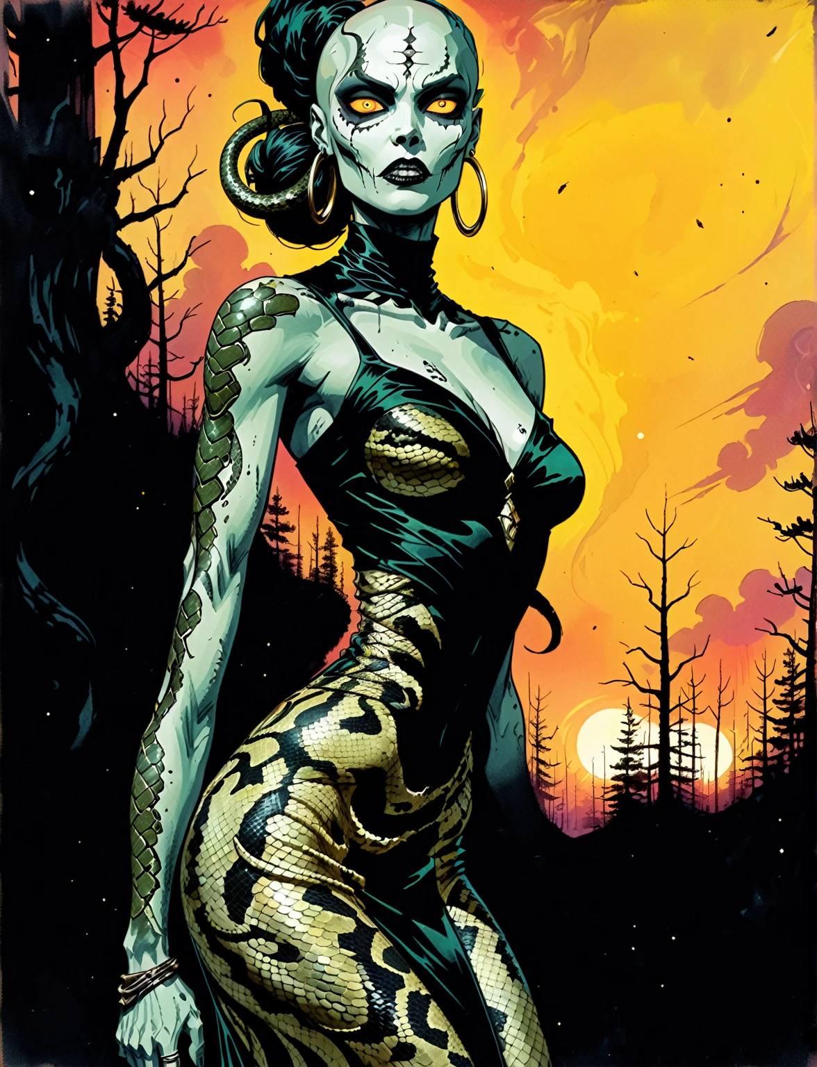 Medusa, wearing snake skin dress cosmic abyss velvet black dress, only light source dazzling glistening reflections of starlight and moonlight off elegant and eloquent dress, unfinished expressive rough-sketch splash page decompressed comic cover art, ink style figure, ((expressive Joelle Jones and "Sean Gordon Murphy" comic drawing)), wordless, cinematic poster, morphology anatomy drawn Frederic Delavier musculature anatomical illustration, (face, ornate blackmetal corpsepaint, resembles Grace Jones), abyss void black no visibility darkness, full length portrait, (background, pine barrens, entropy, rewilding, magic hour sunset, galaxy stars, cosmos), (colors, bleak muted deep fiery radiant glowing ROYGBIV, forest green, earth brown), candid, snake skin dress, (body, Naga, snakefolk, lower body snake tail, snake woman hybrid, bald, hairless, skeleton, snake skin tattoos, piercing eyes, snake pupils, over the shoulder), craftsmanship nuance, (Gerardo Zaffino charcoal), (horror, abstract, surreal, body, cosmic), subliminal orchids, nyctophobia, silhouette, double exposure, image within image,