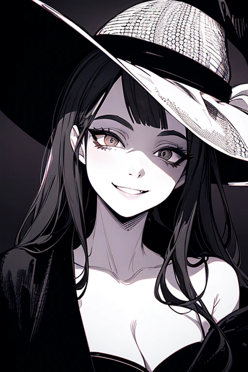 Bra Prima, top quality, (background fine detail), high contrast, one beautiful woman, crazy smile, crazy eyes, black pointy hat, close-up of head, black robe, skull background, (black background: 1.5), clean line drawing
