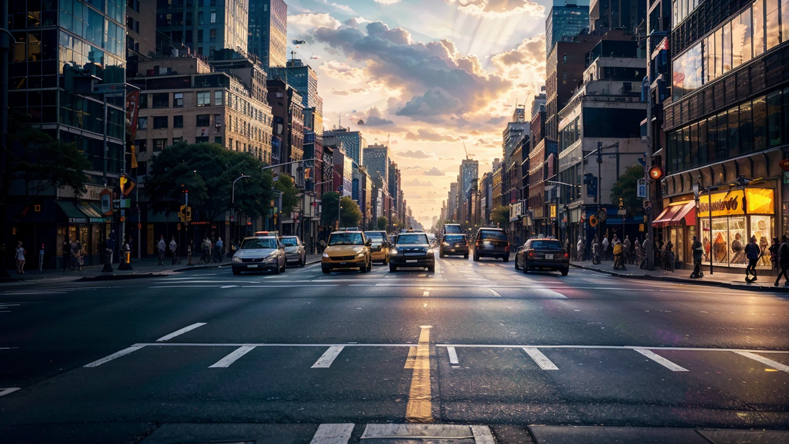 a crowded city street in New York City, asphalt road, heavy traffic, skyscrapers,, pedestrians crossing the road, (best quality,4k,8k,highres,masterpiece:1.2),ultra-detailed,(realistic,photorealistic,photo-realistic:1.37),cinematic lighting, dynamic composition, vibrant colors, urban environment