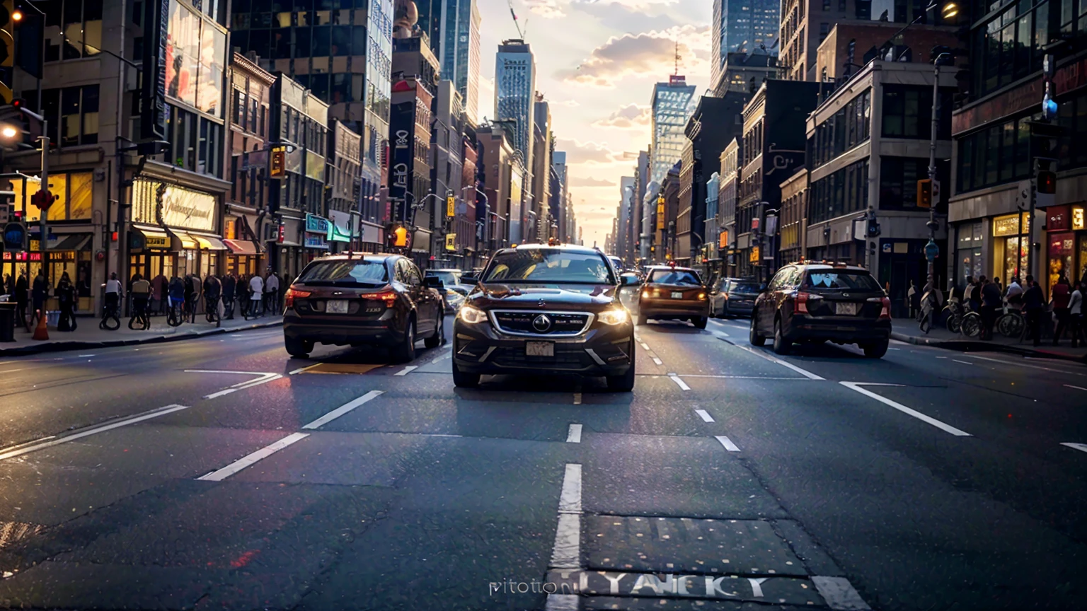 a crowded city street in New York City, asphalt road, heavy traffic, skyscrapers,, pedestrians crossing the road, (best quality,4k,8k,highres,masterpiece:1.2),ultra-detailed,(realistic,photorealistic,photo-realistic:1.37),cinematic lighting, dynamic composition, vibrant colors, urban environment
