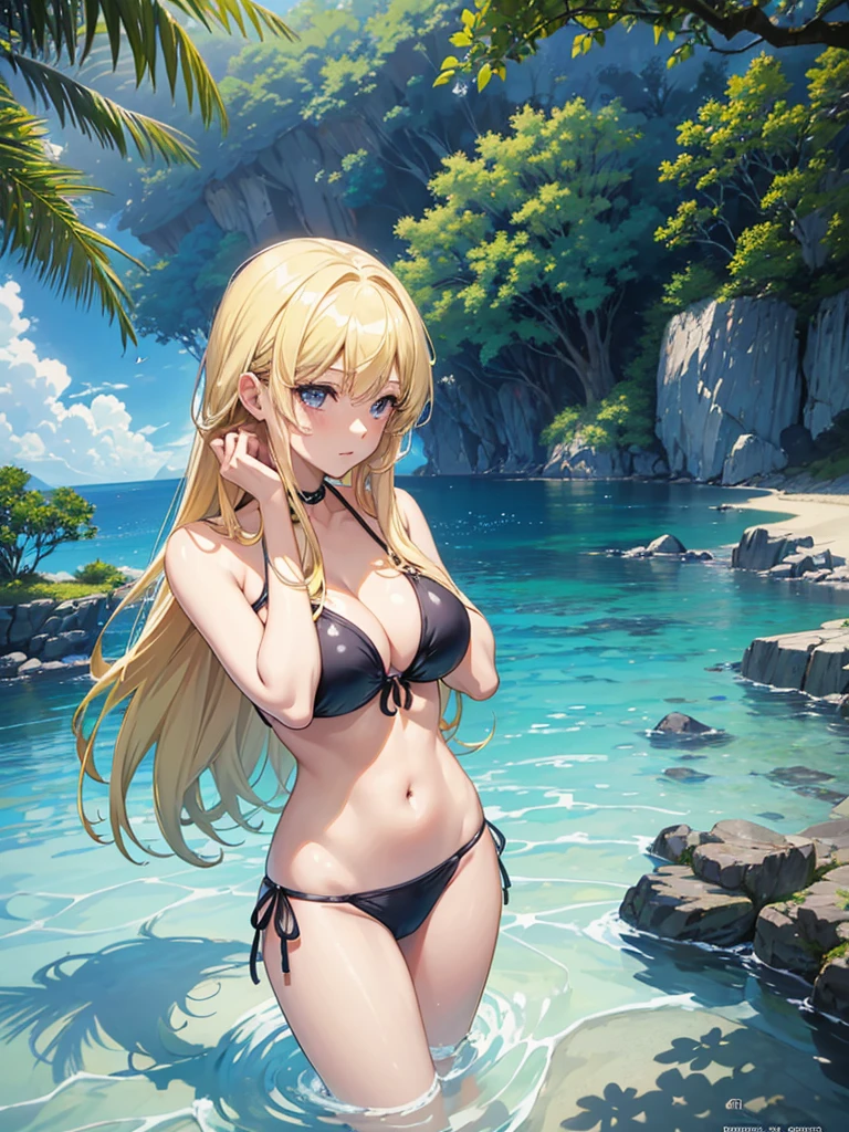 a woman in a bikini is in the water with her hands on her head, an anime drawing by Kentaro Miura, pixiv, process art, blonde anime girl with long hair, seductive anime girl, top rated on pixiv, anime goddess, beautiful alluring anime , clean detailed anime art, blonde goddess, beautiful alluring anime woman, (anime girl)