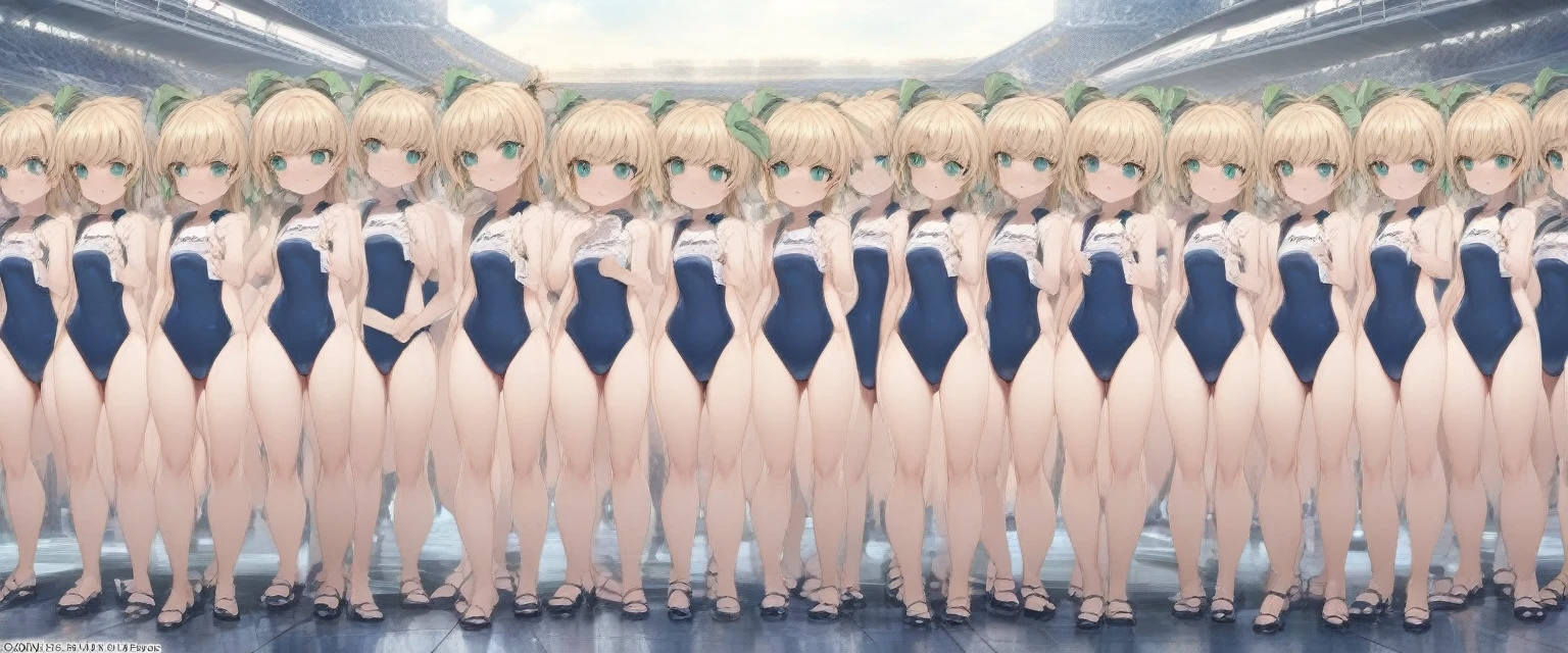 Short stature,flat chest,clone girls,extremely number of clone girls, blond hair, green eyes,roll(mega man classic),swimsuit roll(mega man x dive old design),high ponytail hair,Sleeveless navy one piece old type school swimsuit with white stripes from armpit to flank,white name tag, navy heeled sandals, green ribbon,human appearance,same height,same appearance, same face,fill the entire image, absolutely everyone, many clone, masterpiece, best quality,insanely detailed, 20000+ clone girls, perfect features,multiple clone girls,same school swimsuit,same hair,official art,girls only,extremely full of extremely crammed,huge crowd,densely packed
