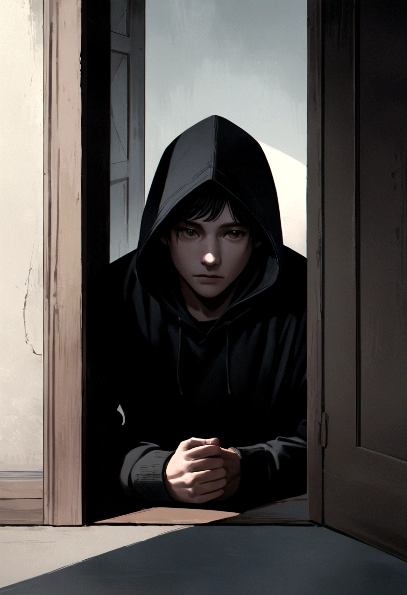 A male character peeking through an attic door in the floor with a fearful expression, only his head and hands visible, wearing a black hoodie with the hood up, short black hair, frontal view. Minimalist character, 8k resolution, high definition, photorealistic style, cinematic lighting, melancholic atmosphere, dramatic shadows, muted color palette