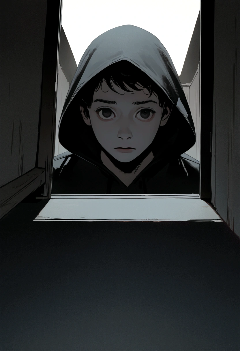 A male character peeking through an attic door in the floor with a fearful expression, only his head and hands visible, wearing a black hoodie with the hood up, short black hair, frontal view. Minimalist character, 8k resolution, high definition, photorealistic style, cinematic lighting, melancholic atmosphere, dramatic shadows, muted color palette