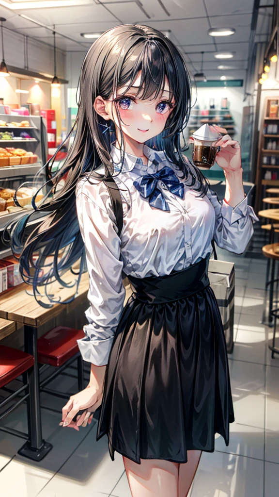 (Best quality, 8k, 32k, Masterpiece, UHD,:1.2), RAW, human, 1girl,ultra cute , ultra cute, natural lighting, transparent shining eyes, 20yo, medium breast ,femur, fair complexion , flushed face, Stylish western style cafe, female cafe clerk, Cafe clerk uniform, fine clothes, carry a coffee pot,laughter, Bright atmosphere in the store