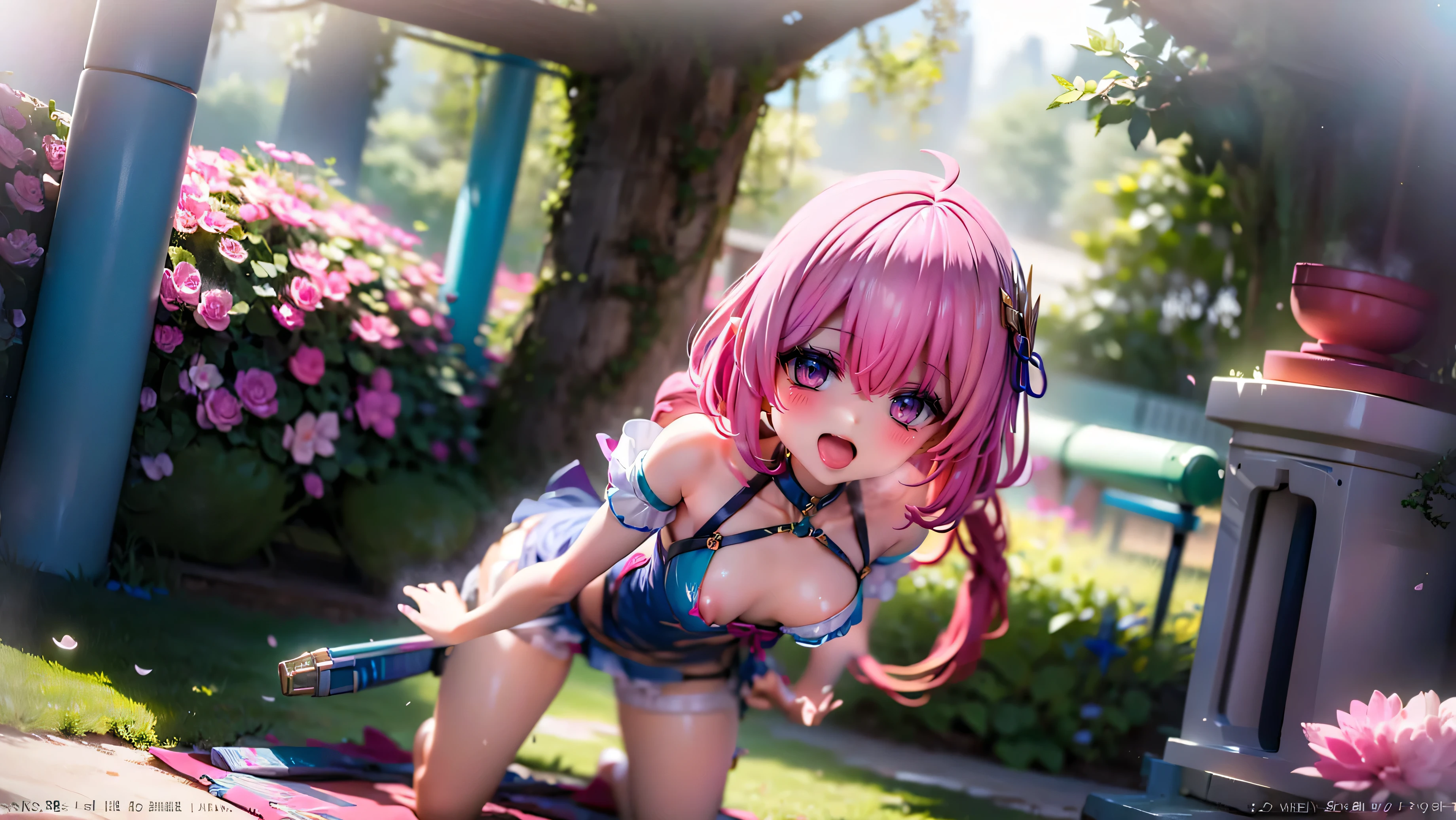 (nsfw),(最high quality))、((masterpiece))、(detailed)、((soro girl)),masterpiece,最high quality, high quality,ulutra detailed,Perfect Face、Daytime、Flower field background、((((To Love-Ru), Nana:1.3), Pink Hair, Long Hair, Twin tails)))、Place your hands on your head、((expensive、woman、20th generation、((naked:1.5))、(Small breasts:1.5)、(detailed nipples)、(show off pussy)、(detailed pussy), View your viewers、Good weather、smile、Many soap bubbles floating、The wind is blowing、Petals flutter、My hair flutters in the wind