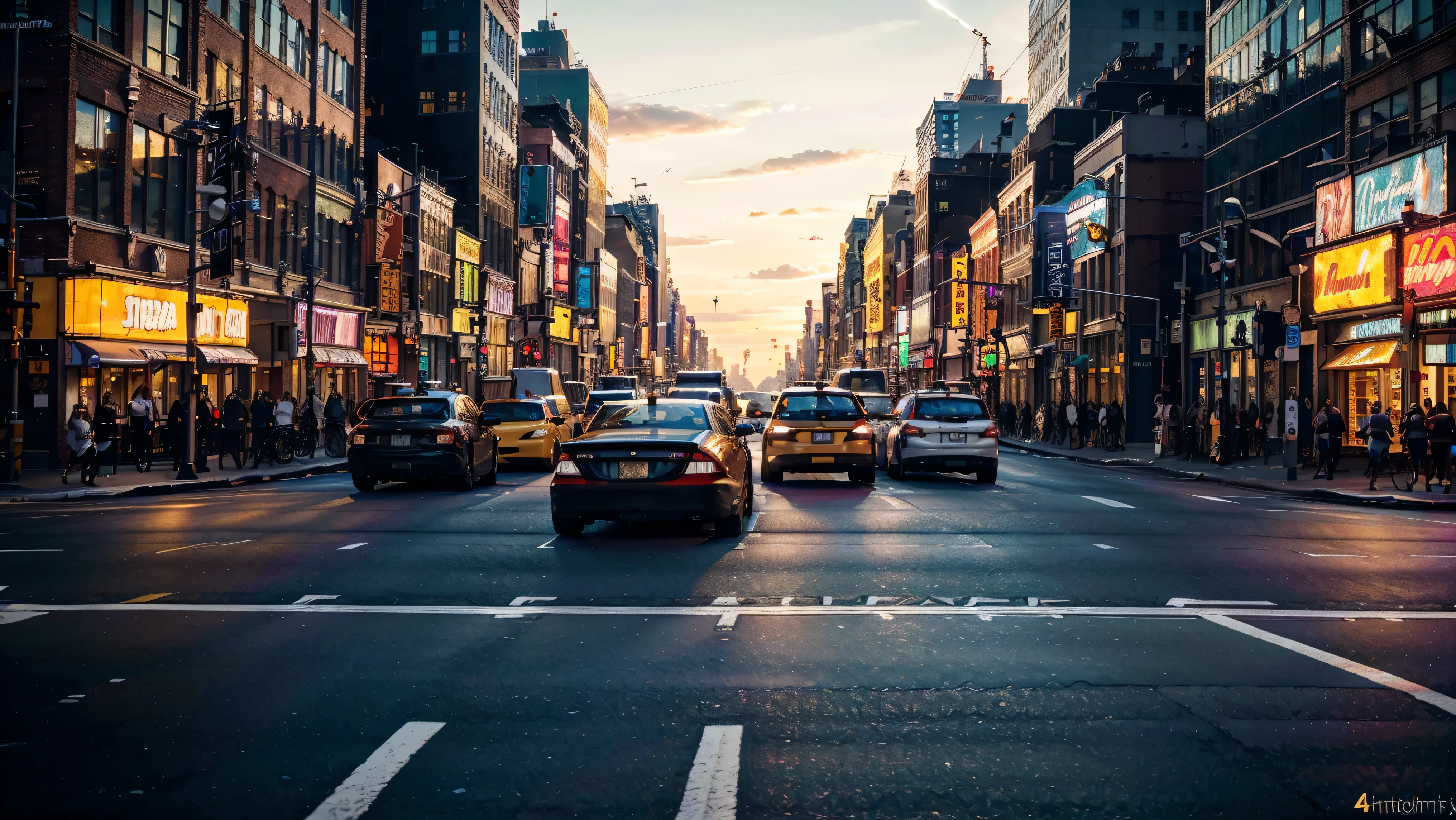 a crowded city street in New York City, asphalt road, heavy traffic, skyscrapers,, pedestrians crossing the road, neon signs, billboards, street lamps, (best quality,4k,8k,highres,masterpiece:1.2),ultra-detailed,(realistic,photorealistic,photo-realistic:1.37),cinematic lighting, dynamic composition, vibrant colors, urban environment