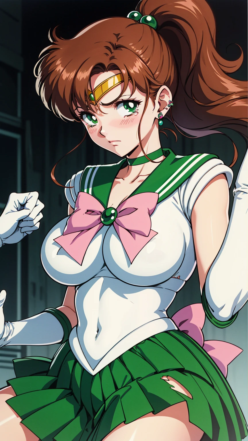 Highest quality, High resolution, 1990s \(style\), retro artstyle, 1990s anime cels style, Sailor Jupiter, Fighting, Sailor Warrior Uniform, Green sailor collar, White gloves, Green pleated skirt, Pink ribbon, ponytail, jewelry, Earrings、(Torn clothes、tits)、Dynamic、廃墟でFighting、Torture scene、Torture chamber、Tortured Woman、tears、blush、sad