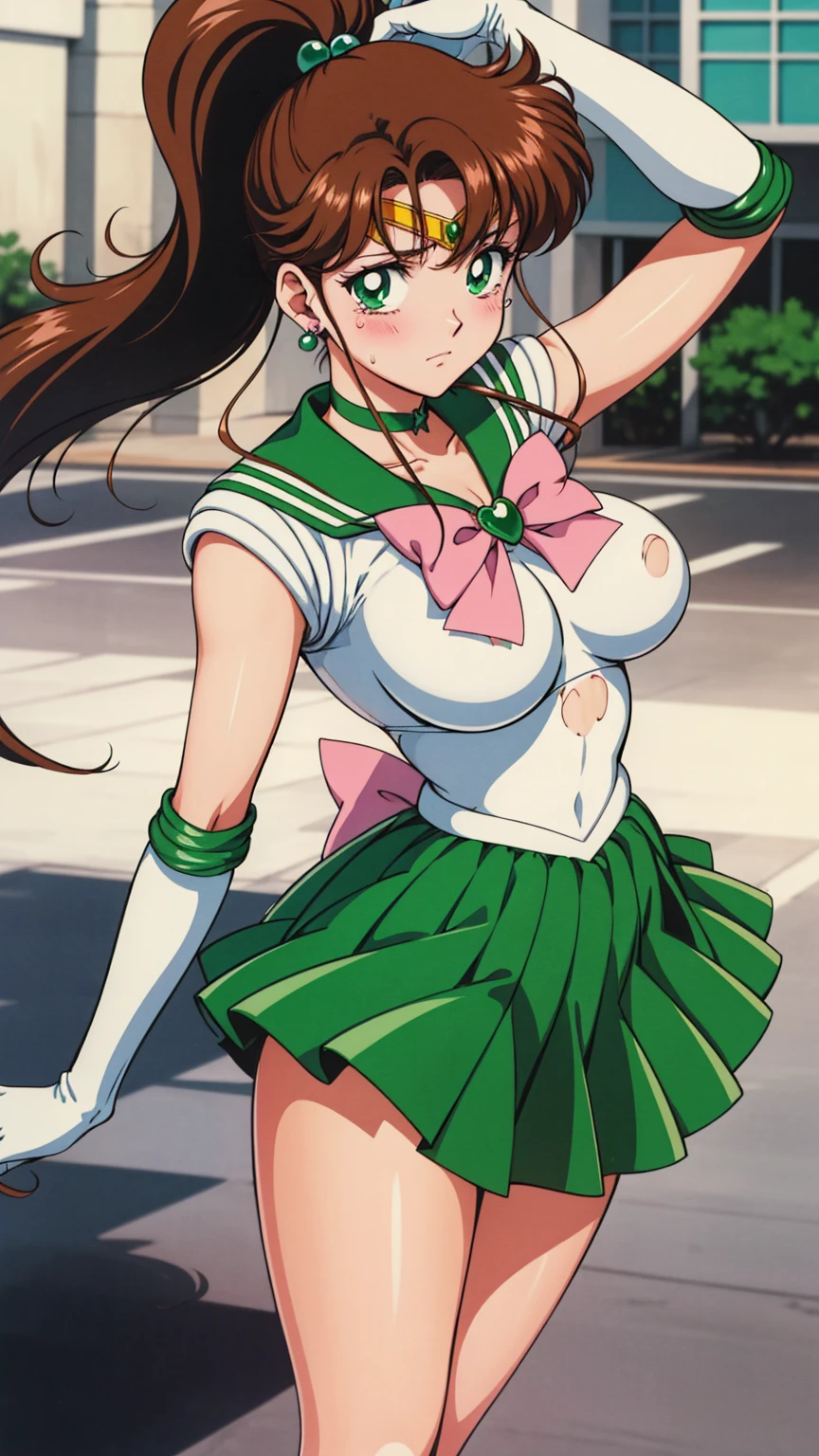 Highest quality, High resolution, 1990s \(style\), retro artstyle, 1990s anime cels style, Sailor Jupiter, Fighting, Sailor Warrior Uniform, Green sailor collar, White gloves, Green pleated skirt, Pink ribbon, ponytail, jewelry, Earrings、(Torn clothes、tits)、Dynamic、廃墟でFighting、Torture scene、Torture chamber、Tortured Woman、tears、blush、sad