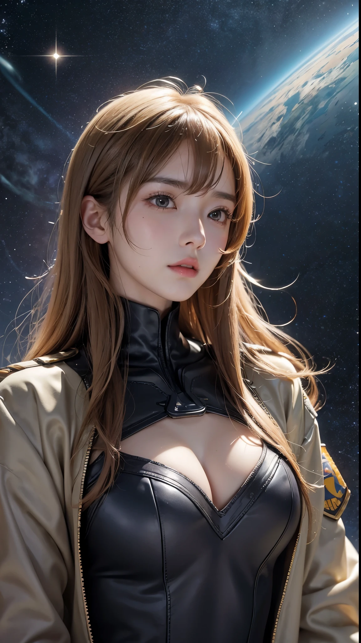 A scene from a movie,masterpiece: Space Battleship Yamato 2202: High-definition images of Yuki Mori, Exquisite details、Ultra-realistic:2.0、 Sparkling metallic body、Complex Panel、Curved and sleek design、 Floating in the air、Nebulae and stars that accentuate its silhouette々、(Yellow body armor)A high-resolution image of Yuki Mori, a crew member giving instructions from inside the ship, dressed in a、 Gorgeous coat of arms jacket、Slight redness on the cheeks