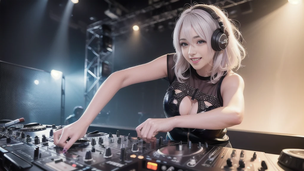 (ultra - detailed, 16K resolution, Cinema lenses, rendering by octane), (high resolution:1.18), intricate detail, (masterpiece:1.1), (highest quality:1.1), (1girl, portrait, white hair, blue eyes, short hair, detailed eyes),Wearing silver DJ headphones, Shiny silver sequined T-shirt, (Iconic hip-hop pop costumes:1.3), Smile while DJing on stage, full body shot of, The spotlight shines on the female DJ. Photorealistic photography by Disco Lighting, (cute round face:1.3), perfect fingers, five fingers, beautiful hands, perfect hands. master peace, cute smile.