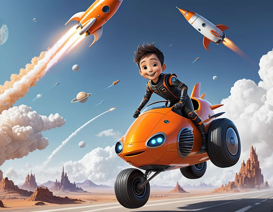 Create an image of a short, childlike, and funny-looking male AI character with a predominantly orange and black appearance. He should be riding a rocket that is smaller than he is. The background should be white. The AI character should have a cheerful expression, and the rocket should look comically small compared to him, emphasizing the whimsical and playful nature of the scene. realistic, futuristic, super detailed