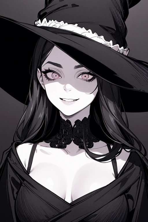 Bra Prima, top quality, (background fine detail), high contrast, one beautiful woman, crazy smile, crazy eyes, black pointy hat, close-up of head, black robe, skull background, (black background: 1.5), clean line drawing