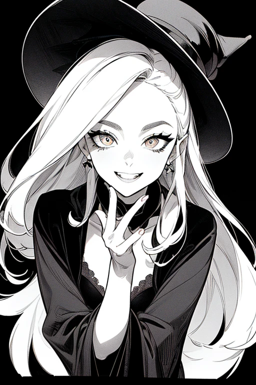 Bra Prima, top quality, (background fine detail), high contrast, one beautiful woman, crazy smile, crazy eyes, black pointy hat, close-up of head, black robe, skull background, (black background: 1.5), clean line drawing