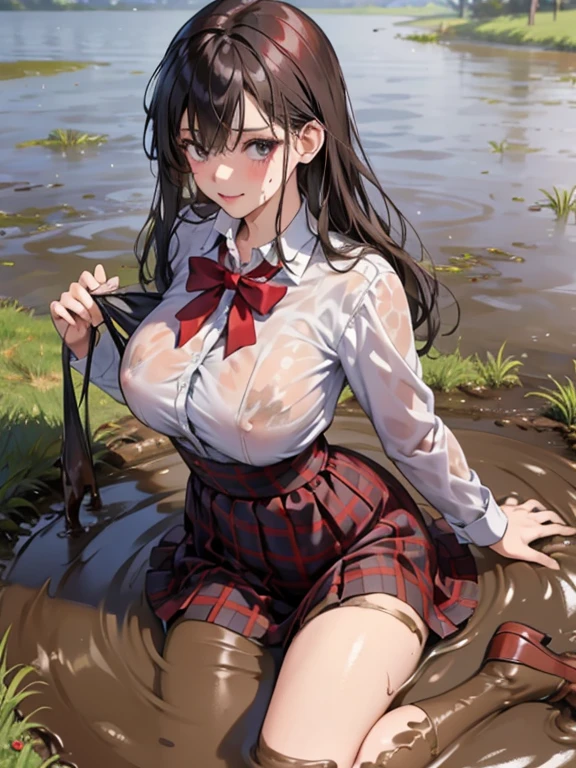 (masterpiece, best quality:1.2), , looking at viewer , school girl wet white clothes, soaked, dripping wet, wet hair, wet skin, translucent, glistening with oil, fully clothed, wet muddy field, dripping with mud, muddy arms, muddy hair, lying in mud, submerged, covered all over, muddy face , skirt dark red , plaid skirt , pleated skirt , Tight shirt , white Shirt , school girl , red knot , red bow , school , skirt is adjacent to the chest , big breasts , big tits