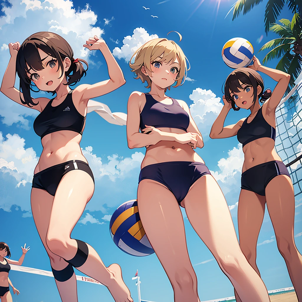 Multiple girls in swimsuits on the beach playing volleyball