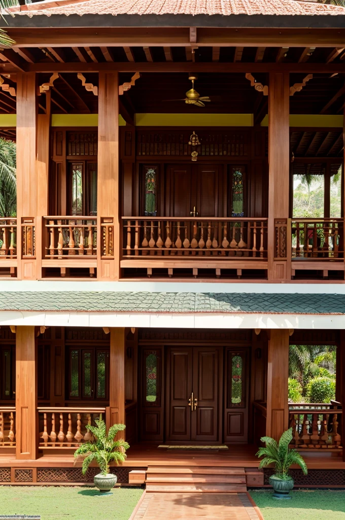 A traditional kerala model house with a large porch and inside the porch 2 XUV cars 