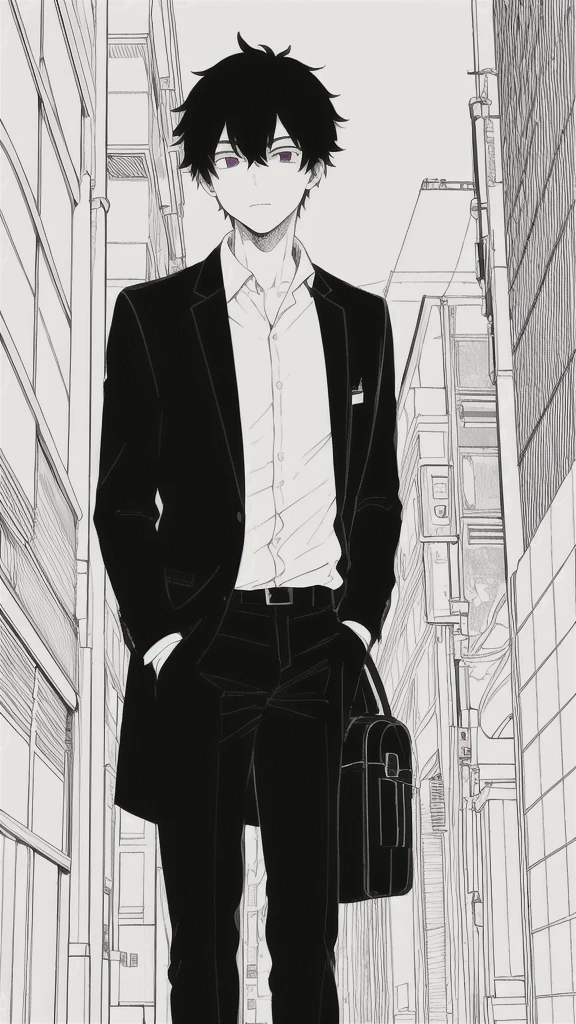 masterpiece, best quality, 1man, uniform, hand in pocket, school bag, black hair, black eyes,  cyberpunk, street,  monochrome, lineart,red eyes
