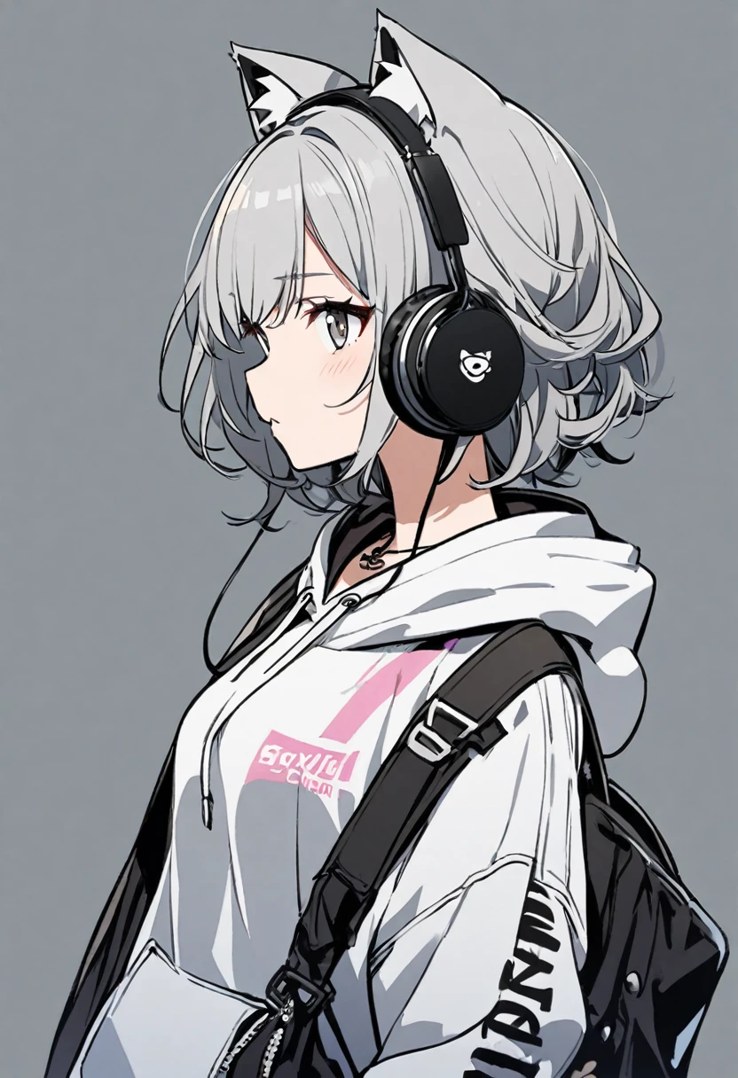 1 girl, gray hair, cat ear, headphone, hoodie, stylish