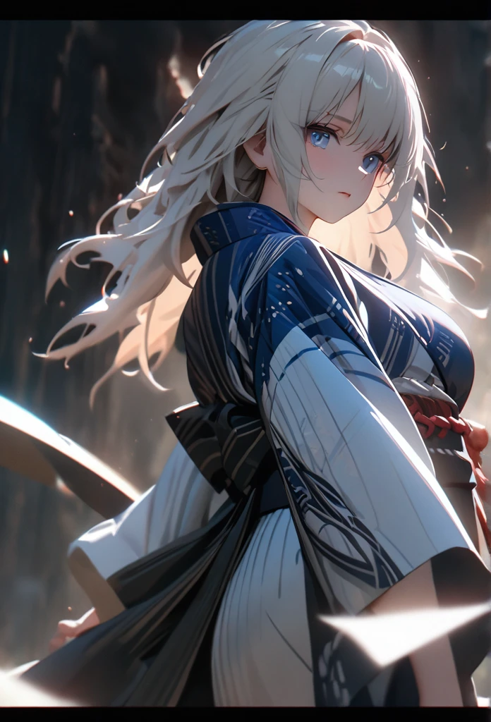 (solo), white hair, messy hair, mane hair, short hair, dense hair, wild hair, expressive hai,(25 year old), pale skin, ((Female)), blue eyes, beautiful girl, wearing a white and blue decoration kimono, beautiful, attractive, huge breast, big ass, Yin, eye reflection, depth of field, thunder aura, cinematic lighting, ray tracing, depth of field, cinematic lighting, ray tracing, UHD, high details, best quality, highres, high quality, award winning, super detail, masterpiece, 8k, UHD, high details, best quality, highres, high quality, award winning, super detail, masterpiece, 8k, digital art, anime coloring, body shot, full body, back shot, good face, perfect face, detailed face, good eyes. The background is space. A whitehole in the background.