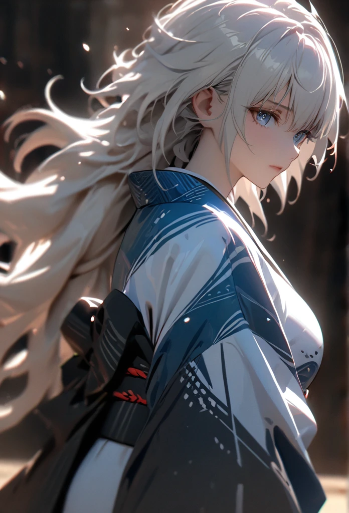 (solo), white hair, messy hair, mane hair, short hair, dense hair, wild hair, expressive hai,(25 year old), pale skin, ((Female)), blue eyes, beautiful girl, wearing a white and blue decoration kimono, beautiful, attractive, huge breast, big ass, Yin, eye reflection, depth of field, thunder aura, cinematic lighting, ray tracing, depth of field, cinematic lighting, ray tracing, UHD, high details, best quality, highres, high quality, award winning, super detail, masterpiece, 8k, UHD, high details, best quality, highres, high quality, award winning, super detail, masterpiece, 8k, digital art, anime coloring, body shot, full body, back shot, good face, perfect face, detailed face, good eyes. The background is space. A whitehole in the background.