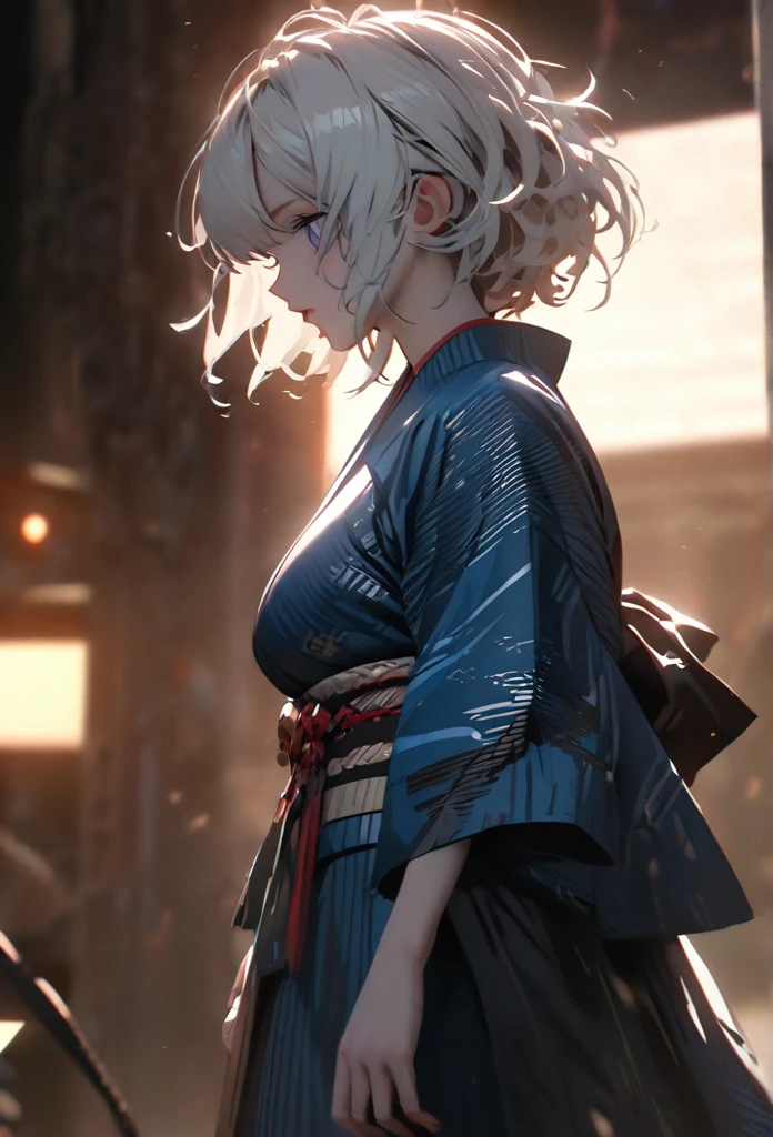 (solo), white hair, messy hair, mane hair, short hair, dense hair, wild hair, expressive hai,(25 year old), pale skin, ((Female)), blue eyes, beautiful girl, wearing a white and blue decoration kimono, beautiful, attractive, huge breast, big ass, Yin, eye reflection, depth of field, thunder aura, cinematic lighting, ray tracing, depth of field, cinematic lighting, ray tracing, UHD, high details, best quality, highres, high quality, award winning, super detail, masterpiece, 8k, UHD, high details, best quality, highres, high quality, award winning, super detail, masterpiece, 8k, digital art, anime coloring, body shot, full body, back shot, good face, perfect face, detailed face, good eyes. The background is space. A whitehole in the background.