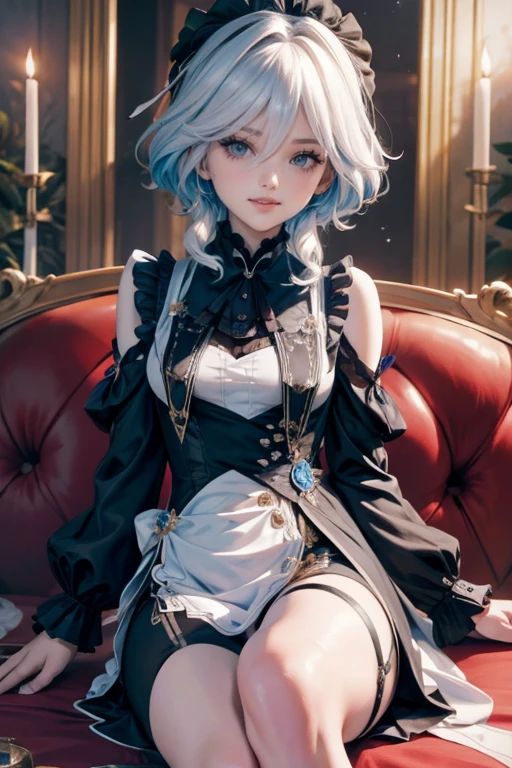 Furina(genshin impact), blue roses, ornament hair, roses on her hair, maid, maid dress, maid headdress, maid apron, white hair, blue hair, long hair, seat on a sofa, gothic style, gothic maid dress, black lantern, white dress, more details on her clothes, golden details, night, smiling, two legs, two arms, two hands, five fingers,