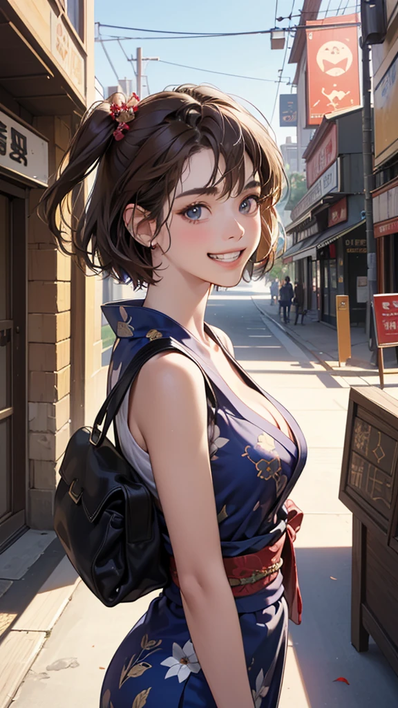 (perfect anatomy:1.2)(absurdres, highres, ultra detailed),masterpiece,best quality,high resolution,8k,Realistic face,Realistic skin texture,magnified textures, stunning clarity,detailed anime girl,(ultra detailed eyes and face),(14 years old:1.2),(baby face:1.2),japanese girl,floral printed blue yukata,、(very short hair, two side up:1.4)、tareme,light brown hair:1.2,kanzashi、glamor、short stature、(grin:1.4)、(bust up:1.4),Steampunk in the Edo Period、(Vivid hieroglyph signs and street advertisements:1.2)、busy、(worried about viewer:1.4),autumn、hieroglyph,souk、Shopping Street、Ancient Egyptian statues,reaching out,(tanned skin:1.3 ),big breasts,(look up viewer:1.2),round face,Shoulder Bare,(from front:1.2),cleavage cutout,