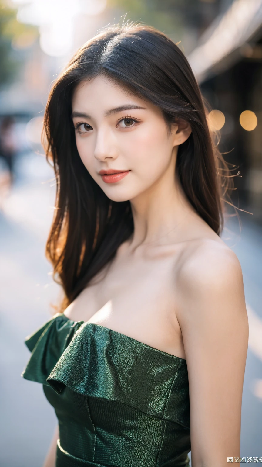 ((Best quality, 8K, masterpiece:1.3))，1girl，18 years old，Asian，Real texture:1.3，(Background blur:1.1)，Gorgeous long dress，Tall and slender figure:1.2，(Hot summer weather)，（street:1.3），Highly detailed face and skin textures，Exquisite eyes，Long eyelashes，Double eyelids，Skin Whitening，happy，Various postures，Big breasts