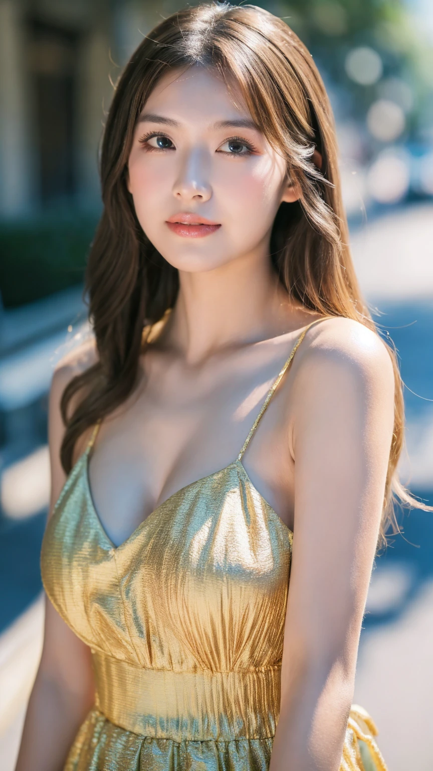 ((Best quality, 8K, masterpiece:1.3)),1girl,18 years old,Asian,Real texture:1.3,(Background blur:1.1),Gorgeous long dress,Tall and slender figure:1.2,(Hot summer weather),(street:1.3),Highly detailed face and skin textures,Exquisite eyes,Long eyelashes,Double eyelids,Skin Whitening,happy,Various postures,Big breasts