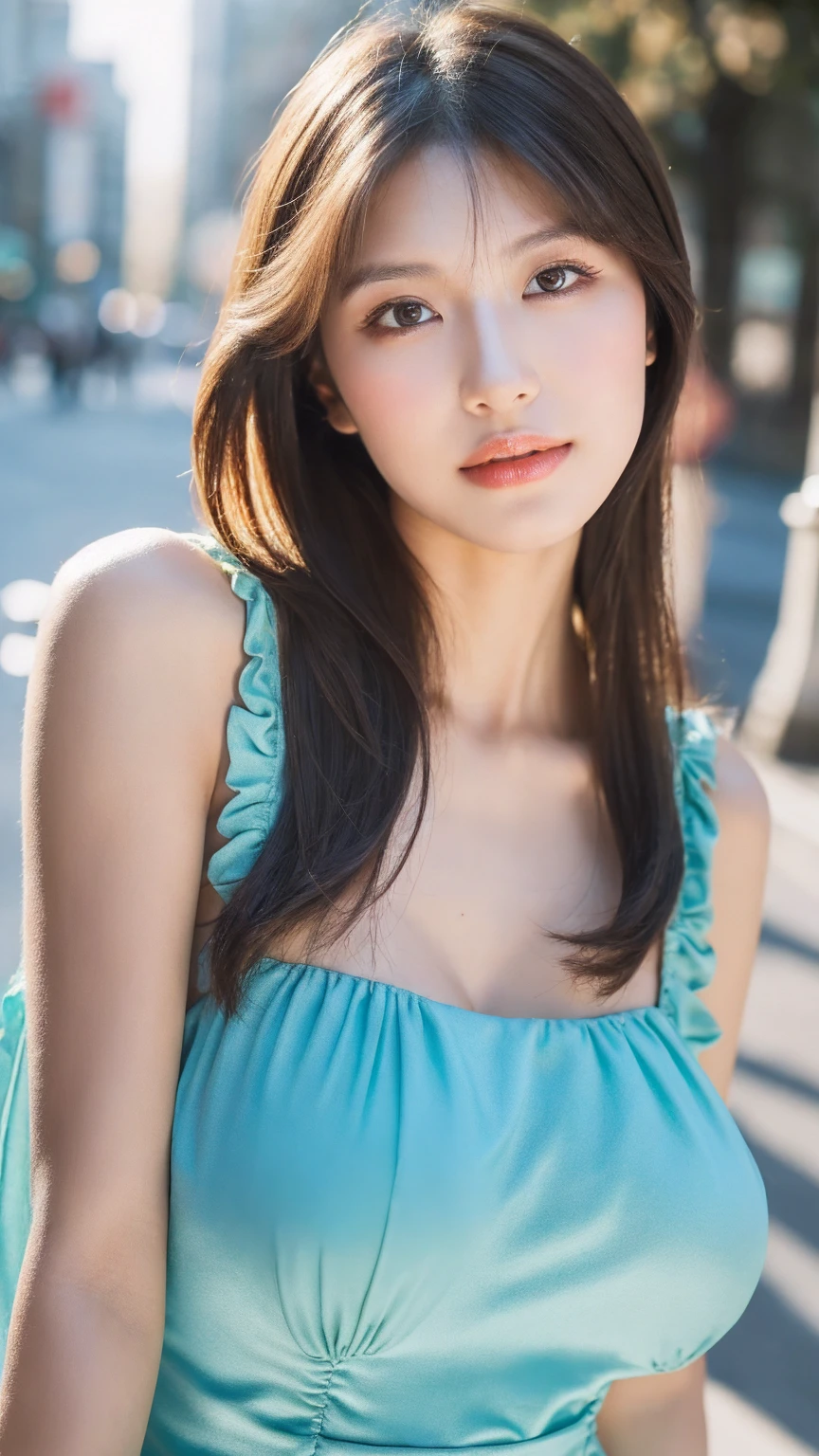((Best quality, 8K, masterpiece:1.3)),1girl,18 years old,Asian,Real texture:1.3,(Background blur:1.1),Gorgeous long dress,Tall and slender figure:1.2,(Hot summer weather),(street:1.3),Highly detailed face and skin textures,Exquisite eyes,Long eyelashes,Double eyelids,Skin Whitening,happy,Various postures,Big breasts