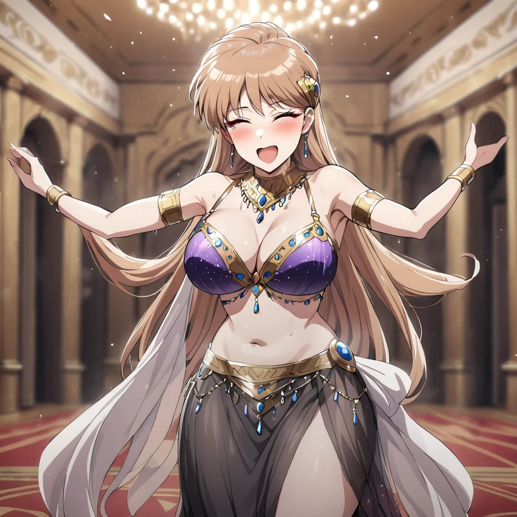 ((Highest quality)), ((masterpiece)), (detailed), （Perfect Face）、The woman is Princess Leona, with long light brown hair and wearing a lavishly decorated see-through belly dance costume in purple and black.、A woman is dancing happily and seductively at a luxurious palace ballroom.