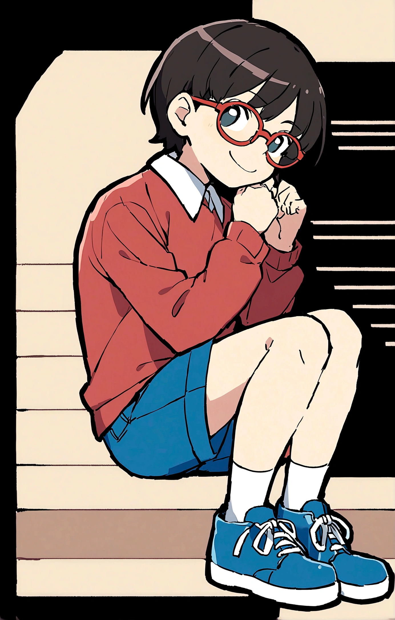 Nobita Nobi,solo, smile, simple background, shirt, black hair, long sleeves, 1boy, sitting, full body, male focus, shoes, glasses, shorts, socks, collared shirt, black background, red shirt, blue shorts, blue footwear, stairs