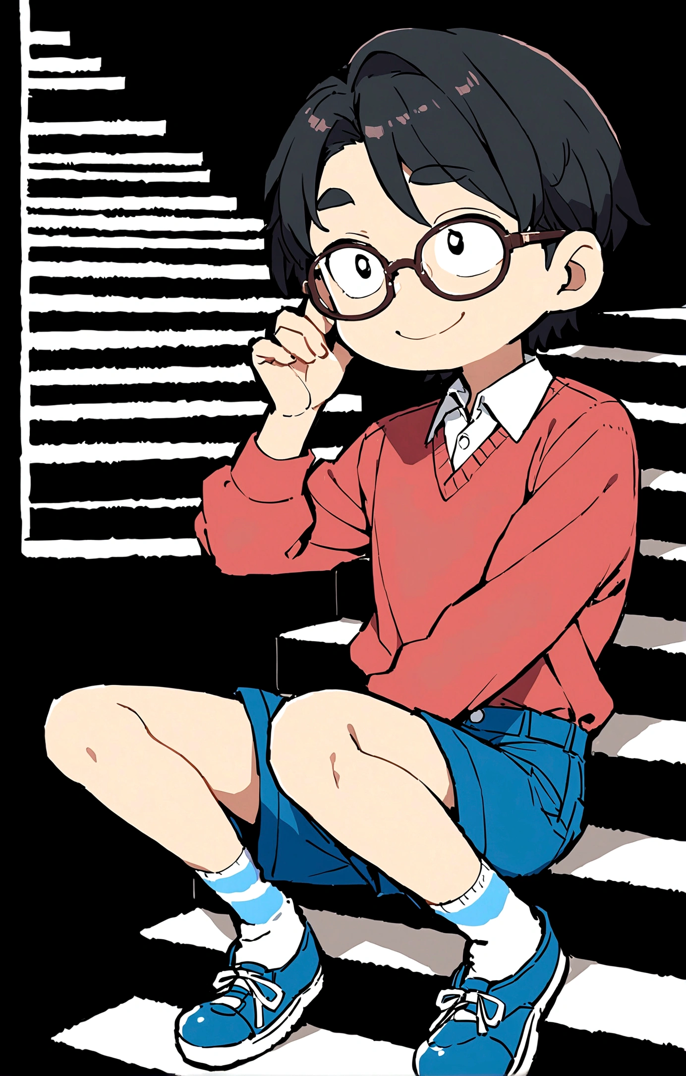 Nobita Nobi,solo, smile, simple background, shirt, black hair, long sleeves, 1boy, sitting, full body, male focus, shoes, glasses, shorts, socks, collared shirt, black background, red shirt, blue shorts, blue footwear, stairs