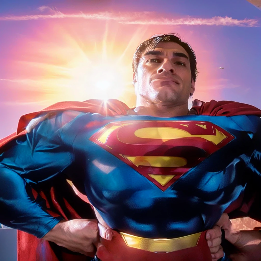 Superman is standing in front of the sun with his hands on his hips., superman, pose de superhombre, sin texto, persona real